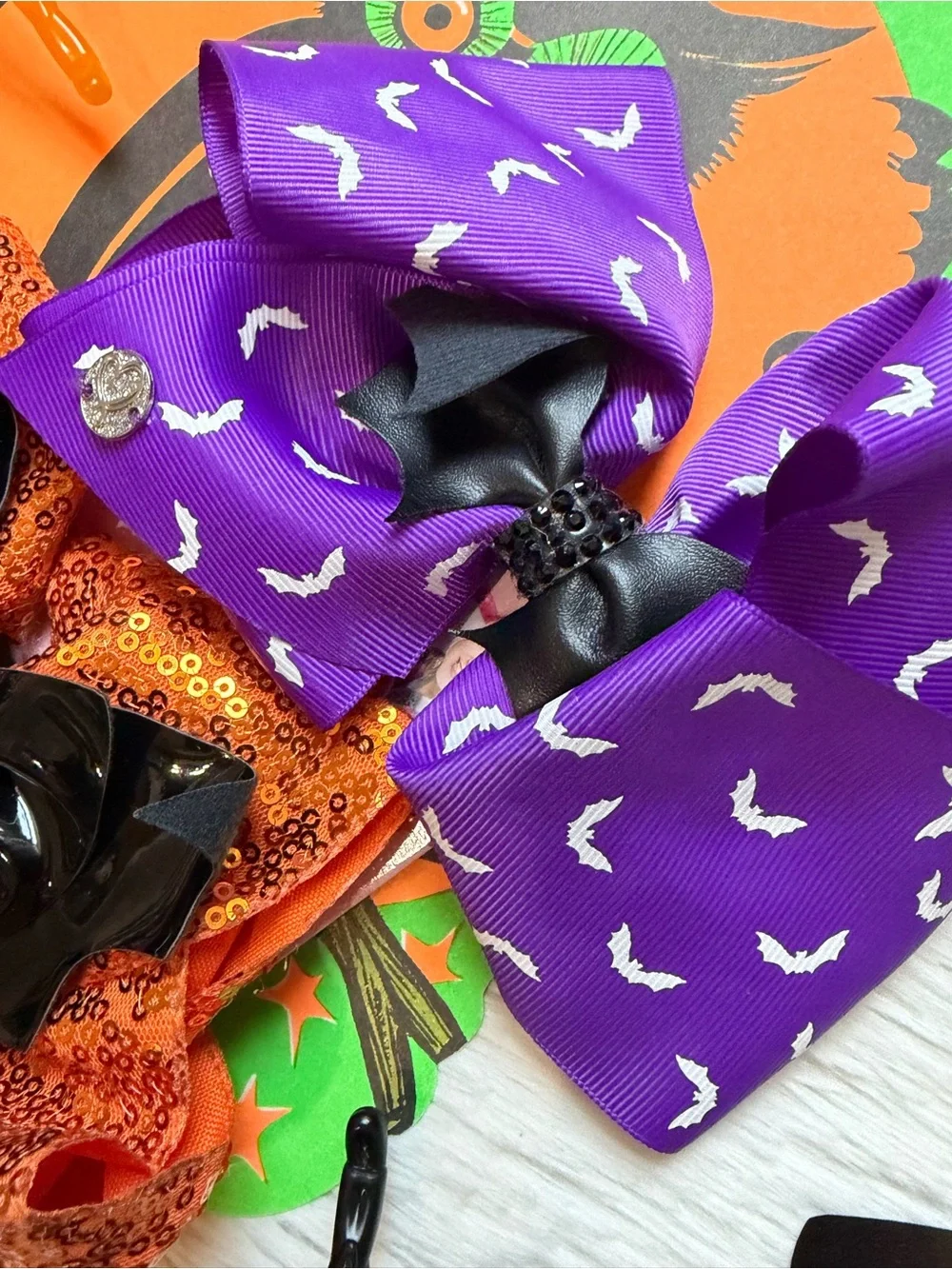 JoJo Siwa spooky Halloween style orange sequin & Purple Bat Hair Bows